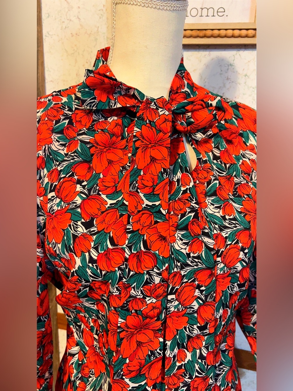 SHEIN Floral Bow Neck Long Sleeve Blouse Size L